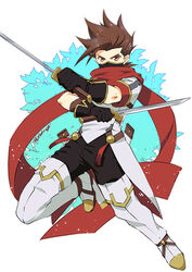  1boy alternate_costume black_gloves black_pants boots brown_eyes brown_hair commentary_request dual_wielding full_body gloves holding holding_sword holding_weapon lloyd_irving lloyd_irving_(fang_of_the_white_lions) looking_at_viewer male_focus mask official_alternate_costume pants photoshop_(medium) red_scarf scarf serious solo spiked_hair sword tales_of_(series) tales_of_asteria tales_of_symphonia thigh_boots thighhighs tktg twitter_username weapon white_background white_footwear 