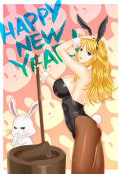  animal_ears blonde_hair blue_eyes breasts cleavage commentary_request female huge_breasts kine legs long_hair long_legs mallet new_year original pantyhose pestle playboy_bunny rabbit rabbit_ears sideboob solo thighs tonbidou 