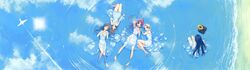  5girls absurdres aircraft airplane barefoot blue_hair brown_hair closed_eyes cloud contrail day dress from_above grey_hair hanami_mariya hat highres koga_sayoko long_hair lying misaki_kurehito miyamae_tomoka multiple_girls nakano_hinata on_back on_side outstretched_arm outstretched_hand partially_submerged phonograph red_hair reflection ripples short_hair suiheisen_made_nan_mile? sun_hat sundress tsuyazaki_kokage unworn_hat unworn_headwear water white_dress 