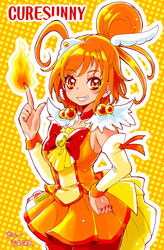  ahoge bike_shorts bike_shorts_under_skirt blush bow breasts character_name choker commentary_request cure_sunny earrings feather_hair_ornament feathers female fire grin hair_bun hair_ornament hand_on_own_hip highres hino_akane_(smile_precure!) jewelry lips magical_girl medium_breasts nail_polish orange_hair orange_skirt orange_theme precure red_bow red_choker red_eyes red_shorts satou_ramune short_hair shorts sideboob single_hair_bun skirt smile smile_precure solo tiara 