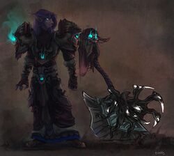  2013 armor axe beard blizzard_entertainment clothing death_knight elf facial_hair frown glowing glowing_eyes hair humanoid magic male melee_weapon night_elf purple_body purple_hair purple_skin solo treats undead warcraft weapon 