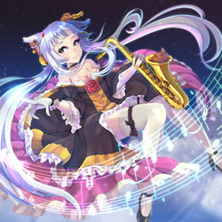  animal animal_ears bad_id bad_pixiv_id bare_shoulders bass_guitar blunt_bangs breasts cat_ears chipmunk choker cleavage dress female flower frilled_choker frilled_dress frills garter_straps gloves grey_hair highres instrument long_hair mappaninatta musical_note original photoshop_(medium) quarter_note rose saxophone small_breasts smile solo squirrel tenor_saxophone thighhighs trumpet very_long_hair white_gloves white_thighhighs yellow_eyes 