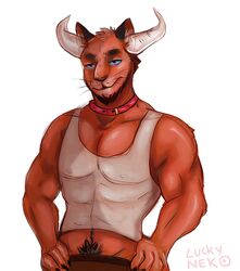  anthro bovid bovine cattle clothed clothing collar felid horn hybrid looking_at_viewer lucky-neko male mammal muscular muscular_anthro muscular_male pubes smile solo 