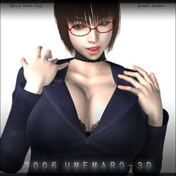  3d big_breasts bra breasts brown_eyes brown_hair casual choker cleavage female glasses gradient gradient_background hands_up huge_breasts inran_bakunyuu_onna_kyoushi kageyama_miyuki lace-trimmed_bra large_breasts lewd_bomb_bust_female_teacher open_mouth red-framed_glasses red_glasses sensei solo teacher umemaro umemaro_3d underwear 