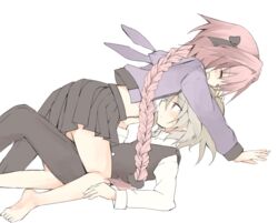  2boys akafuku_pukoemon astolfo_(fate) astolfo_(memories_at_trifas)_(fate) bad_id bad_pixiv_id barefoot black_pants black_ribbon black_skirt braid casual closed_eyes crop_top fate/apocrypha fate_(series) grey_hair hair_ornament hair_ribbon hands_on_another&#039;s_head highres hood hooded_jacket jacket long_braid long_hair long_sleeves lying male_focus multiple_boys official_alternate_costume otoko_no_ko pants pink_eyes pink_hair purple_eyes purple_jacket red_eyes ribbon shirt sieg_(fate) single_braid skirt striped_clothes striped_shirt very_long_hair waistcoat white_shirt yaoi 