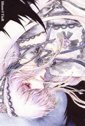  bad_id bad_pixiv_id colored_eyelashes eyelashes female frills gothic_lolita highres light_purple_hair lips lolita_fashion painting_(medium) profile red_eyes rozen_maiden solo suigintou traditional_media umu_(um) upside-down watercolor_(medium) 