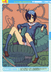  :&lt; absurdres antenna_hair belt blue_eyes blue_hair female footwear gakuen_kino highres kino kino_no_tabi kuroboshi_kouhaku loafers panties pantyshot pantyshot_(sitting) pantyshot_sitting school_uniform shoes short_hair sitting socks solo underwear 