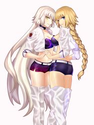  2girls artoria_pendragon_(fate) ass belt blonde_hair blue_bra blue_eyes blue_shorts boots bra braid breast_press breasts cleavage commentary_request cosplay crop_top fate/grand_order fate_(series) floating_hair highres holding_hands interlocked_fingers jacket jeanne_d&#039;arc_(fate) jeanne_d&#039;arc_(ruler)_(fate) jeanne_d&#039;arc_alter_(avenger)_(fate) jeanne_d&#039;arc_alter_(fate) long_hair looking_at_viewer looking_back medium_breasts midriff misha_(pixiv7431311) multiple_girls open_clothes open_jacket parted_lips ponytail race_queen saber_(fate) saber_(fate)_(cosplay) saber_(type-moon_racing)_(fate) saber_(type-moon_racing)_(fate)_(cosplay) shiny_clothes shiny_skin short_shorts shorts sideboob simple_background single_braid smile standing stomach strapless strapless_bra symmetrical_docking thigh_boots thighhighs underwear very_long_hair white_background white_footwear white_hair white_jacket yellow_eyes 