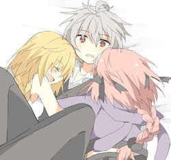  2boys ahoge akafuku_pukoemon astolfo_(fate) astolfo_(memories_at_trifas)_(fate) bad_id bad_pixiv_id bisexual_male black_pants black_ribbon blonde_hair braid closed_eyes commentary fate/apocrypha fate_(series) female grey_hair hair_between_eyes hair_ornament hair_ribbon highres hood hooded_jacket hug jacket jeanne_d&#039;arc_(fate) jeanne_d&#039;arc_(girl_from_orleans)_(fate) long_braid long_hair lying lying_on_lap lying_on_person multicolored_hair multiple_boys official_alternate_costume otoko_no_ko pants pink_hair purple_jacket red_eyes ribbon shirt short_hair sieg_(fate) single_braid sleeveless sleeveless_shirt straight two-tone_hair very_long_hair waistcoat white_shirt 