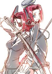  :d bad_id bad_pixiv_id blue_eyes breasts code_geass commentary_request cosplay creayus dual_persona eyepatch female halo headgear holding holding_sword holding_weapon kantai_collection kouzuki_kallen mechanical_halo medium_breasts necktie open_mouth polearm red_hair simple_background smile sword tatsuta_(kancolle) tatsuta_(kancolle)_(cosplay) tenryuu_(kancolle) tenryuu_(kancolle)_(cosplay) twitter_username weapon white_background 