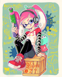  :d alternate_hairstyle arm_support black_legwear blue_eyes blue_skirt blunt_bangs box commentary_request denim denim_skirt drawing english_text female full_body game_console headphones high_ponytail holding holding_weapon inkling inkling_girl inkling_player_character jellyfish_(splatoon) judd_(splatoon) layered_sleeves liruty long_hair long_sleeves looking_at_viewer on_box open_mouth pantyhose pencil_skirt pink_hair pointy_ears ponytail print_shirt raglan_sleeves red_footwear shirt shoes short_over_long_sleeves short_sleeves sidelocks sitting sitting_on_box skirt smile sneakers splat_roller_(splatoon) splatoon_(series) splatoon_1 splattershot_(splatoon) spyke_(splatoon) striped_clothes striped_shirt suction_bomb_(splatoon) tentacle_hair torn_clothes torn_pantyhose weapon wii_u 