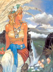  1990s_(style) blonde_hair egg female flower hair_flower hair_ornament highres lips marin_(zelda) midriff mountain retro_artstyle sash scenery solo strapless terada_katsuya the_legend_of_zelda the_legend_of_zelda:_link&#039;s_awakening tube_top windfish&#039;s_egg 