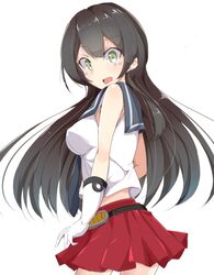  agano_(kancolle) black_hair breasts commentary_request day_mello female gloves green_eyes kantai_collection large_breasts long_hair midriff miniskirt open_mouth school_uniform serafuku simple_background skirt smile solo white_background 