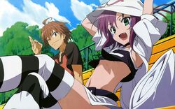  1boy :d ahoge armpit_peek arms_up belly belt bench blue_sky blush brown_eyes brown_hair choker cloud crossed_legs day detexted female from_below fujii_masahiro fujiwara_yumeji green_eyes hat highres looking_at_viewer merry_nightmare midriff navel oerba_yun_fang official_art ok_sign open_mouth outdoors park_bench purple_hair short_hair sitting sky smile striped_clothes striped_thighhighs teeth thighhighs third-party_edit yumekui_merry zettai_ryouiki 