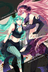  2girls aqua_eyes aqua_hair bad_id bad_pixiv_id blue_eyes bridal_gauntlets gloves hatsune_miku leggings long_hair megurine_luka midriff multiple_girls photoshop_(medium) pink_hair reika_(iamreika) twintails very_long_hair vocaloid world&#039;s_end_dancehall_(vocaloid) 