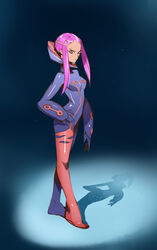  anemone anemone_(eureka_seven) bodysuit bones_(company) eureka_seven eureka_seven_(series) female full_body hair_ornament hairclip hand_on_hip highres payot pilot_suit pink_hair sidelocks small_breasts solo standing typo_(requiemdusk) 