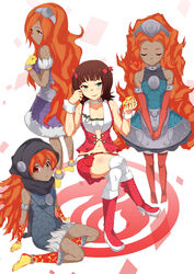  4girls amami_haruka armlet bare_shoulders choker color_connection commentary_request crossover detached_sleeves duel_monster hair_ribbon headgear hood idolmaster idolmaster_(classic) laval_forest_sprite laval_lakeside_lady laval_volcano_handmaiden long_hair looking_at_viewer midriff multiple_girls navel photoshop_(medium) ribbon smile thighhighs thighs waste-man yu-gi-oh! 