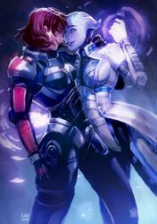  2girls alien armor asari_(mass_effect) blue_skin colored_skin commander_shepard commander_shepard_(female) commentary_request eye_contact liara_t&#039;soni looking_at_another martalaz mass_effect_(series) mass_effect_3 multiple_girls red_hair short_hair tentacle_hair yuri 