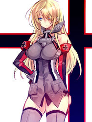  aki_(o2x_x2o) armband bad_id bad_pixiv_id bismarck_(kancolle) blonde_hair blue_eyes cross female hand_on_own_hip iron_cross kantai_collection long_hair no_headwear solo thighhighs 