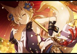  1boy animal_ears backless_outfit commentary_request erune fingerless_gloves fox_ears fox_tail gloves granblue_fantasy hair_ornament kou_(granblue_fantasy) long_hair male_focus off_shoulder shirota_(petunia) side-tie_legwear smile tail umbrella 