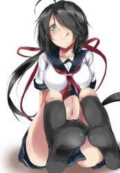  aoi_takeru black_hair blue_eyes commentary_request female hair_ornament kako_(kancolle) kako_kai_ni_(kancolle) kantai_collection long_hair ponytail school_uniform serafuku skirt smile solo tongue 