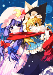  2girls blonde_hair blush book braid chinchickrin commentary_request crescent crescent_hat_ornament hat hat_ornament highres kirisame_marisa long_hair multiple_girls oerba_yun_fang one_eye_closed open_mouth outline patchouli_knowledge photoshop_(medium) purple_eyes purple_hair red_scarf scarf shared_clothes shared_scarf touhou witch_hat yellow_eyes 