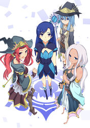  4girls blue_eyes blue_hair crossover dark_skin duel_monster gishki_ariel gishki_emilia gishki_natalia idolmaster kisaragi_chihaya long_hair multiple_girls red_eyes red_hair ritua_emilia ritua_erial ritua_natalia silver_hair yu-gi-oh! 