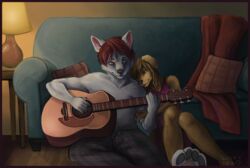  anthro canid canine clothed clothing duo female fur furniture guitar hair holding_musical_instrument holding_object inside lucky-neko male mammal musical_instrument pillow playing_guitar playing_music plucked_string_instrument sitting smile sofa string_instrument 