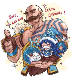  1boy =_= alternate_costume artist_name bad_id bad_pixiv_id bald blue_hair blush_stickers braid braum_(league_of_legends) closed_eyes commentary english_commentary english_text facial_hair fake_beard fake_facial_hair female fingerless_gloves gloves hat horns league_of_legends lulu_(league_of_legends) moustache muscular poro_(league_of_legends) sitting sparkle sueyen thumbs_up tongue winter_wonder_lulu yordle 