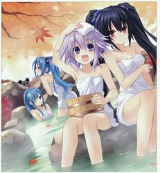  4girls 5pb_(neptunia) :d alternate_hairstyle arm_up autumn black_hair blue_hair blush braid branch breasts bucket choujigen_game_neptune collarbone dutch_angle hair_ornament hair_scrunchie hand_on_own_head highres imageboard_desourced leaf long_hair mages. maple_leaf medium_breasts mole mole_under_eye mouse_(animal) multiple_girls naked_towel neptune_(neptunia) neptune_(series) noire_(neptunia) non-web_source official_art one_eye_closed onsen open_mouth partially_submerged peeking_out pink_eyes ponytail profile purple_eyes purple_hair red_eyes same-sex_bathing scan scrunchie shared_bathing side_ponytail sidelocks sitting small_breasts smile soaking_feet towel towel_on_head tsunako twintails very_long_hair warechu water wooden_bucket 