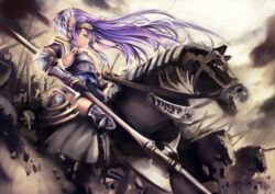  armor black_gloves breastplate commentary_request cross debris elbow_gloves female from_side gloves head_wings headgear helmet holding holding_polearm holding_weapon horse horseback_riding jewelry long_hair mifuyu_(princess_connect!) outdoors polearm princess_connect! purple_eyes purple_hair rain riding shield sleeveless solo_focus tahnya vambraces very_long_hair weapon wings 