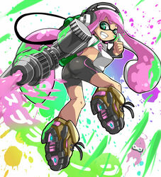  aerospray_(splatoon) bike_shorts commentary_request female foreshortening from_behind green_eyes grin headphones ink_tank_(splatoon) inkling inkling_girl inkling_player_character karukan_(monjya) long_hair looking_at_viewer looking_back paint_gun paint_splatter pink_hair pointy_ears print_shirt shirt shoes single_vertical_stripe smile sneakers solo splatoon_(series) splatoon_1 squid tentacle_hair thumbs_up upshirt 