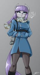  anthro anthrofied better_version_at_source blue_eyes clothed clothing coat english_text equid equine europamaxima female friendship_is_magic grey_background hair hasbro heart_symbol hi_res horse mammal maud_pie_(mlp) my_little_pony pony purple_hair purse scarf signature simple_background solo standing text topwear 