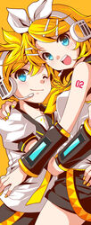  aqua_eyes blonde_hair bow bows family hair_clip hair_ornament hairbow hairclip happy headphones holding_close hug kagamine_len kagamine_rin looking_at_viewer nacht_(artist) necktie open_mouth siblings smile tattoo tie vocaloid wink yellow 