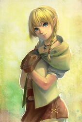  bad_id bad_pixiv_id belt blonde_hair blue_eyes braid brown_gloves brown_skirt cape choker collarbone cowboy_shot female gloves gradient_background green_background hair_over_shoulder hands_on_own_chest head_tilt highres hyrule_warriors jewelry light_smile linkle looking_at_viewer matcho pendant pointy_ears puffy_short_sleeves puffy_sleeves short_sleeves simple_background skirt smile solo standing the_legend_of_zelda twin_braids 