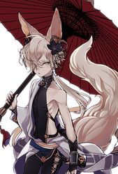  1boy animal_ears aoi_sakurako backless_outfit commentary_request erune fingerless_gloves fox_ears fox_tail gloves granblue_fantasy hair_ornament hair_over_one_eye highres kou_(granblue_fantasy) long_hair male_focus off_shoulder side-tie_legwear tail umbrella yellow_eyes 