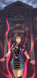  architecture armor aura bare_shoulders black_hair blue_dress bob_cut breastplate building chains commentary_request cowboy_shot cuffs dress female frown glowing highres kagerou:_kokumeikan_shinshou looking_at_viewer millennia outdoors outstretched_arms photoshop_(medium) purple_eyes shihou_(g-o-s) short_dress short_hair side_slit sky sleeveless sleeveless_dress solo spread_arms standing thighhighs window zettai_ryouiki 