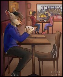  anthro beverage black_border border canid canine clothed clothing coffee felid female group inside lucky-neko male mammal sitting smile solo_focus 