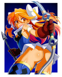  arrow_(projectile) artemis_phoebus ass bad_id bad_pixiv_id blue_background blush bow bow_(weapon) breasts brown_gloves covered_nipples female gloves hairbow highres jitsudan long_hair open_mouth orange_eyes orange_hair shinrabanshou skirt small_breasts solo thighhighs twintails weapon 