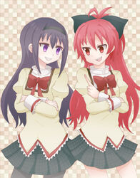  2girls :d akemi_homura bad_id bad_pixiv_id black_hair black_pantyhose bow checkered_background eye_contact hairband long_hair looking_at_another mahou_shoujo_madoka_magica mahou_shoujo_madoka_magica_(anime) mitakihara_school_uniform multiple_girls open_mouth pantyhose ponytail purple_eyes red_eyes red_hair sakura_kyoko school_uniform skirt smile wosusi 