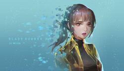  animification bad_end bad_id bad_pixiv_id blade_runner blade_runner_2049 brown_eyes brown_hair character_name commentary cyberpunk death digital_dissolve dissolving dywx_poison female hologram jacket joi lips looking_at_viewer photoshop_(medium) pixels ponytail science_fiction signature spoilers tears 