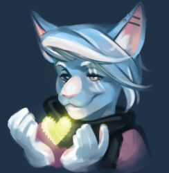  4_fingers anthro blue_body blue_fur clothing diddydoo domestic_cat ear_piercing felid feline felis fingers fur hair heart_symbol heterochromia highlights_(coloring) industrial_piercing male mammal morin piercing pixelated pixels scarf shirt smile solo topwear white_body white_fur 