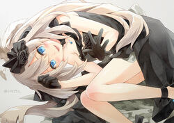  :d bare_arms bare_shoulders black_dress black_flower black_gloves black_rose blue_eyes blush breasts cleavage commentary_request cowboy_shot detached_collar dress eretto fate/grand_order fate_(series) feather_hair_ornament feathers female flower gem gloves grey_hair hair_flower hair_ornament jewelry light_particles long_hair looking_at_viewer marie_antoinette_(fate) marie_antoinette_(formal_dress)_(fate) medium_breasts necklace official_alternate_costume open_mouth pendant petals rose rose_petals smile solo standing strapless strapless_dress twintails 