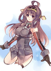  :o ahoge aki_(o2x_x2o) armpits bad_id bad_pixiv_id bismarck_(kancolle) bismarck_(kancolle)_(cosplay) brown_eyes brown_hair cosplay cropped_legs elbow_gloves female gloves hairband kantai_collection kongou_(kancolle) long_hair open_mouth solo thighhighs 