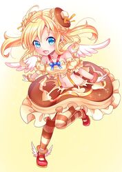  :d ahoge angel_wings bad_anatomy blonde_hair blue_eyes bracelet brown_skirt butter commentary_request doughnut feathered_wings female food food-themed_clothes food-themed_hair_ornament frilled_skirt frills hair_ornament jewelry long_hair looking_at_viewer morinaga_(brand) navel open_mouth pancake_hair_ornament pantyhose red_footwear shoes skirt smile solo standing standing_on_one_leg striped_clothes striped_pantyhose suspender_skirt suspenders teltelhousi two_side_up winged_footwear wings 