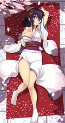  black_hair blush breasts cleavage commentary_request female highres japanese_clothes kimono konohana_enishi large_breasts lying obi on_back open_mouth original purple_eyes sash sengoku_aky short_hair solo tabi white_kimono white_legwear 