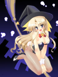  blonde_hair breasts broom canvas_(cocktail_soft) commentary_request female fishnet_pantyhose fishnets halloween hat highres jack-o&#039;-lantern leotard long_hair pantyhose photoshop_(medium) playboy_bunny purple_eyes rabbit_tail ribbon saano_chia sakurazuka_ren solo tail witch_hat 