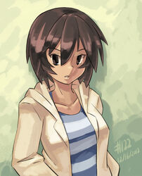  2012 azumanga_daiou brown_eyes brown_hair colorized dark_skin dated hands_in_pockets hood hoodie junkpuyo kagura_(azumanga_daiou) open_clothes open_hoodie short_hair solo striped 