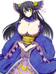  bare_shoulders black_hair breasts cleavage dress female female gloves hair_ornament heart highres huge_breasts long_hair sengoku_taisen simple_background solo wedge white_background yellow_eyes 