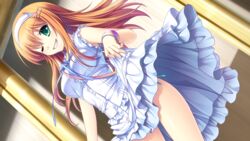  &#039;&amp;&#039;_-sora_no_mukou_de_sakimasu_you_ni- breasts clenched_teeth dress female game_cg green_eyes hairband highres large_breasts legs long_hair looking_at_viewer orange_hair saeki_hokuto smile solo standing teeth thighs wink 